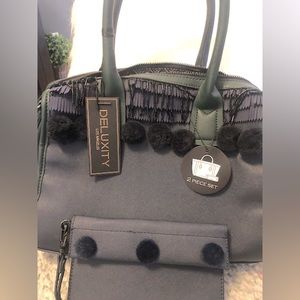 Vegan leather handbag and pouch bundle with Pom poms